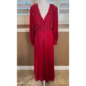 Vintage Shadowline M Satin Gown And Robe Set Deep Red Lace Trim Romantic Evening